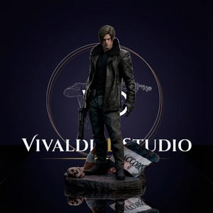 May include: A detailed collectible figurine of a male character with light brown hair, wearing a dark brown leather jacket with a fur collar, a black shirt, and dark trousers. The figure holds a firearm and stands on a rocky base with a sign.