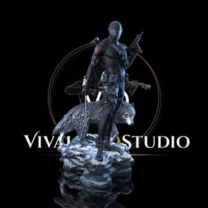 May include: A black-clad action figure standing on a snowy rock base with a grey wolf. The figure wears a mask with a horizontal visor, tactical gear, and a small American flag patch on the shoulder, holding a firearm and a thin sword-like object.