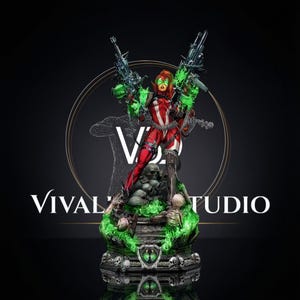 Peut inclure: Une figurine de collection détaillée représentant un personnage aux cheveux roux en costume rouge et blanc, tenant deux grands fusils noirs. La statue repose sur un socle orné de crânes et de flammes vertes, avec le texte VIVALDI STUDIO en arrière-plan.