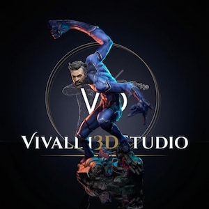 May include: A detailed figurine of a bearded character in a blue suit, posed in a dynamic action stance with one arm raised. The figure stands on a dark, textured base. The text VIVALL 3D STUDIO is displayed in white lettering across the center.