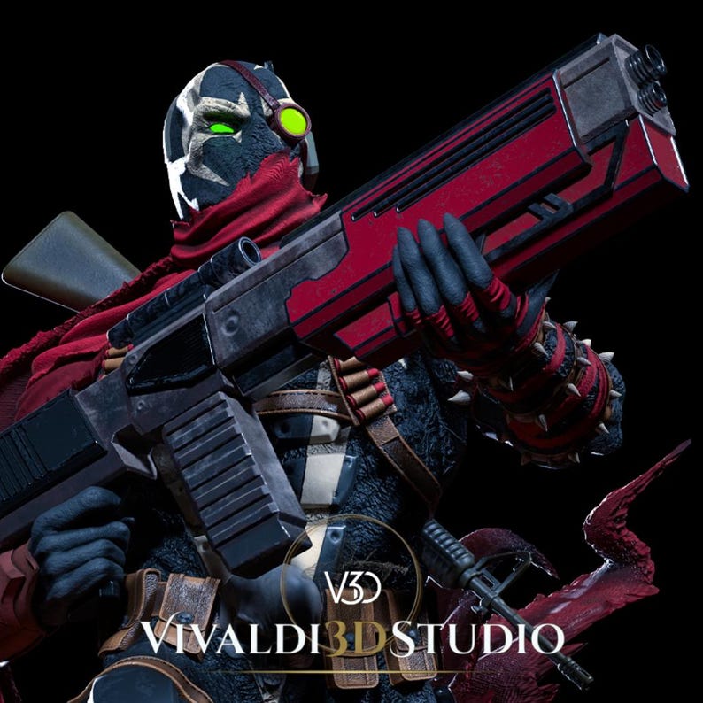 Peut inclure: Une figurine d&eacute;taill&eacute;e d'un personnage masqu&eacute; portant une &eacute;charpe rouge et une armure textur&eacute;e sombre, tenant un grand fusil futuriste rouge et noir. Le personnage poss&egrave;de un masque blanc et noir aux yeux verts brillants et une lentille verte.