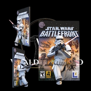 Puede incluir: Un expositor del videojuego Star Wars Battlefront con un Stormtrooper blanco que sostiene un rifle bláster. El fondo muestra una escena de batalla con cazas TIE y un caminante AT-ST. El título Star Wars Battlefront está impreso arriba.