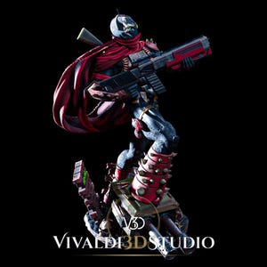 Peut inclure: Une figurine d&eacute;taill&eacute;e de Spawn debout sur une base avec des d&eacute;bris, portant un costume noir avec une cape rouge, une armure de jambe rouge &agrave; pointes, et tenant un grand fusil noir et rouge. La base porte le texte V3D VIVALDI3DSTUDIO en blanc et or.