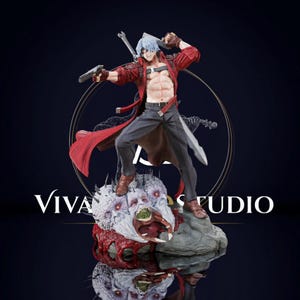 May include: A detailed figurine of a silver-haired character wearing a red coat, dark trousers, and brown boots, holding two handguns. The character stands on a base featuring a grotesque, multi-eyed creature with a gaping mouth and red textures.