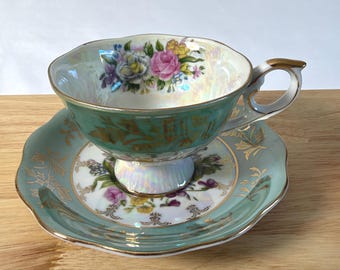 Vintage Royal Halsey Teacup and Saucer, Aqua Lusterware, Floral China, Japan