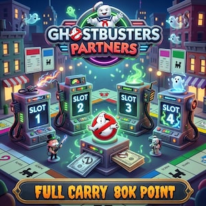 Peut inclure: Une illustration numérique intitulée Ghostbusters Partners présentant quatre machines grises étiquetées Slot 1 à 4 sur un plateau de jeu. Le bonhomme Stay Puft trône au-dessus du titre, tandis que des figurines et des fantômes verts parsèment la scène.