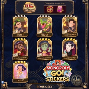Puede incluir: Una interfaz de juego digital que muestra una colección de siete cartas de personajes titulada Moving Moments. Cada carta presenta ilustraciones únicas, incluyendo un fantasma, un vampiro y un hombre lobo, con etiquetas como Don't, Cross, The Streams y Monopoly Go Stickers.