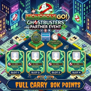 May include: A digital game interface for Monopoly GO! Ghostbusters Partner Event featuring a game board, four player slots with 0/80k points, a Trusted Seller badge, a clock icon, and the text Full Carry 80k Points in a city-themed setting.