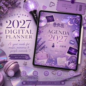 May include: A 2027 digital planner displayed on a tablet screen with a purple theme. The interface features text including 2027 DIGITAL PLANNER, AGENDA 2027, and Korean characters. Decorative elements include a light stick, headphones, CDs, and flowers.