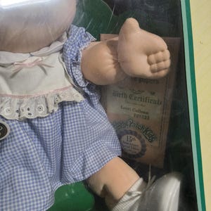 May include: A Cabbage Patch Kids doll with a round vinyl head and soft fabric body, wearing a blue and white gingham dress with a white lace-trimmed collar. The doll is in a box with a birth certificate labeled Lorri Colleen 808293 and 15th Anniversary.