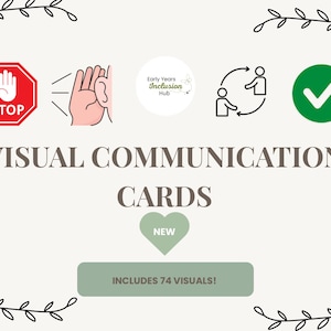 Può includere: Carte di comunicazione visiva con un segnale di stop, un'icona dell'orecchio, il logo Early Years Inclusion Hub, un'icona di interazione sociale e un segno di spunta verde. Il testo recita VISUAL COMMUNICATION CARDS, NEW, INCLUDES 74 VISUALS! con bordi a foglia.