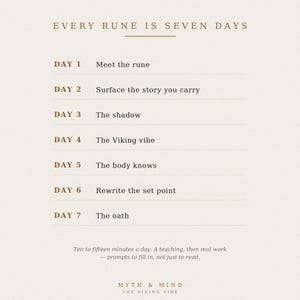 以下が含まれることがあります： EVERY RUNE IS SEVEN DAYSというタイトルのベージュ色の情報グラフィック。Meet the rune、Surface the story you carry、The shadow、The Viking vibe、The body knows、Rewrite the set point、The oathという7つの日次プロンプトが記載されており、MYTH & MINDによるものです。