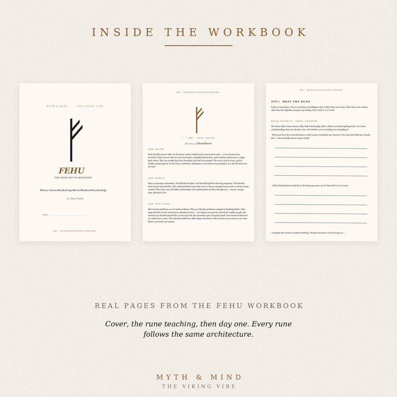 以下が含まれることがあります： Inside The Workbookというタイトルのワークブックの3ページ。フェフのルーン文字が特徴です。1ページ目にはフェフのシンボル、2ページ目には豊かさのルーン文字の説明、3ページ目には回答を記入するための線が引かれた日次ワークシートが表示されています。