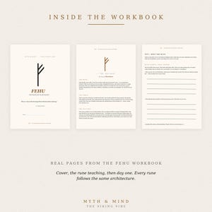 May include: Three pages from a workbook titled Inside The Workbook. The first page displays the Fehu rune and text. The second page details the rune of abundance. The third page is a worksheet for Day 1: Meet The Rune with blank lines for writing.