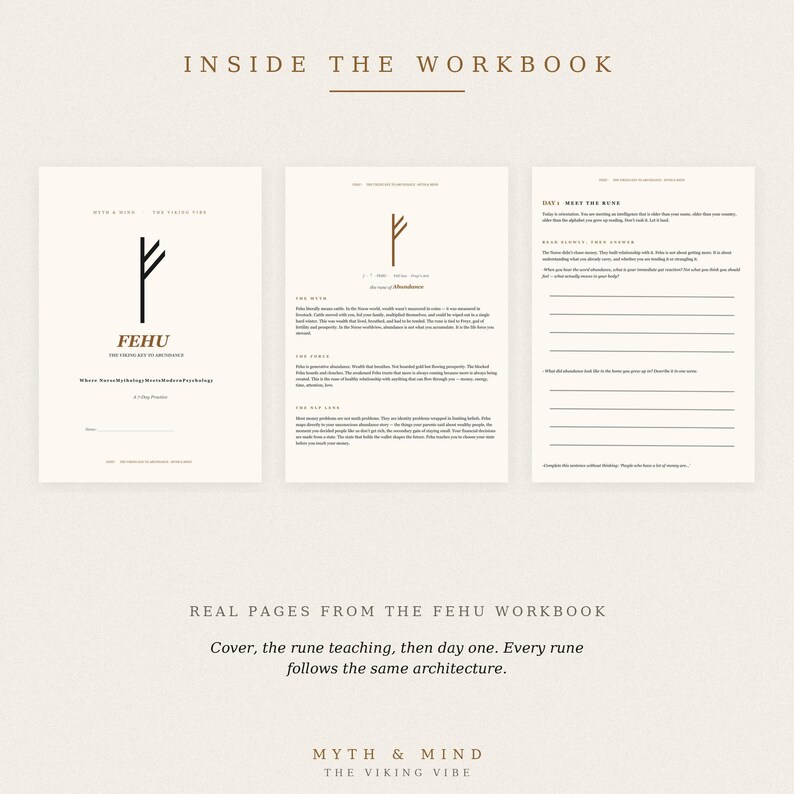 May include: Three pages from a workbook titled Inside The Workbook. The first page displays the Fehu rune and text. The second page details the rune of abundance. The third page is a worksheet for Day 1: Meet The Rune with blank lines for writing.