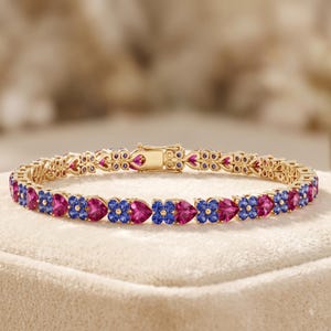 Roze robijn en blauwe saffier armband, tennisarmband, kleurrijke edelsteen sieraden, 925 zilveren en vergulde statement armband, cadeau voor haar