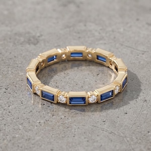 Baguette Blue Sapphire Wedding Band, Alternating Round Moissanite Eternity Ring, 14K Gold Plated Channel Bar Setting , Dainty Stacking Band
