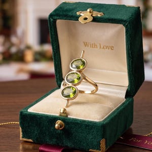 18k Gold Plated Peridot Ring: Sterling Silver Dainty Three Stone Ring, gift for her , woman Gift