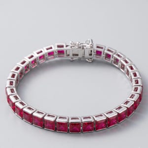 Princess Cut Ruby Tennis Bracelet, 925 Sterling Silver Lab Grown Ruby Bracelet, Elegant Ruby Chain Bracelet for Women, Anniversary Gift