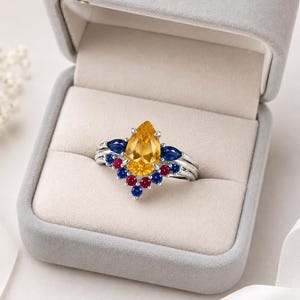 Citrine Pear Cut Ring, Blue Sapphire & Ruby Ring, 925 Sterling Silver Gold Plated Ring, Statement Cocktail Ring, Gift for Her