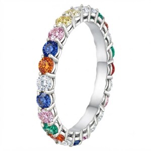 Rainbow Gemstone Eternity Band, Multi Color Sapphire Wedding Band, 14K Gold Plated Round Cut Colorful Stacking Ring, Anniversary Gift forHer
