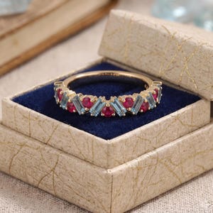 Round Ruby & Baguette Aquamarine Ring, Half Eternity Gold Plated Wedding Band, Ruby Aquamarine Anniversary Ring, Colorful Gemstone Band,