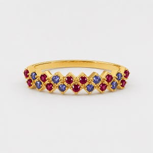 Ruby Sapphire Eternity Ring, Round Cut Ruby & Blue Sapphire Ring, Gold Plated Statement Ring, Colorful Gemstone Band, Anniversary Gift