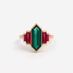 Emerald Ruby Ring, Art Deco Statement Ring, Green Gemstone Ring, Ruby Accent Ring, Cocktail Ring, Unique Gift for Her, Gold Ring