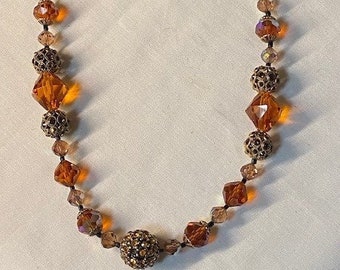 Vintage Signed Vendome Necklace Smoky Topaz Borealis Faceted Crystal Beads and Large Round Accented Swarovski Crystal Beads