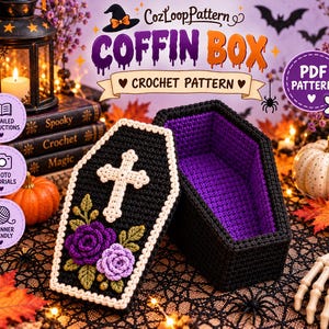 May include: A black and purple crochet coffin box with a lid featuring a white cross and two roses in shades of purple. The text CozLoopPattern COFFIN BOX CROCHET PATTERN is visible along with icons for detailed instructions and photo tutorials.