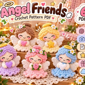 Puede incluir: Un patrón de ganchillo en PDF digital titulado Angel Friends que presenta cinco pequeñas muñecas de hilo hechas a mano con diferentes colores de cabello, alas blancas y halos. Las muñecas sostienen pequeños corazones, estrellas o flores.