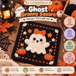 Pode incluir: Um padrão de crochê em PDF intitulado Ghost Granny Square apresentando um quadrado preto com um fantasma branco, abóboras laranja e estrelas. O design inclui um fantasma com um laço, abóboras e pequenas estrelas em fundo preto.