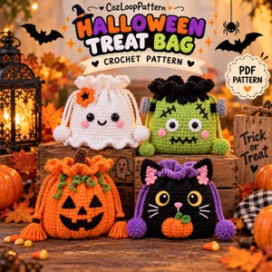 Häkelanleitung für Halloween-Süßigkeitentüten (PDF), 4 Beutel mit Kordelzug, Geisterkürbis, Frankenstein, schwarze Katze, Süßigkeitenbeutel (Amigurumi), digitaler Download