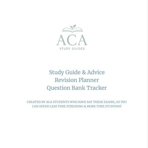 Può includere: Un documento bianco con il logo ACA Study Guides e una piccola icona a forma di foglia. Il testo recita: Study Guide & Advice, Revision Planner, Question Bank Tracker. Sotto è riportato il testo: CREATED BY ACA STUDENTS WHO HAVE SAT THESE EXAMS.