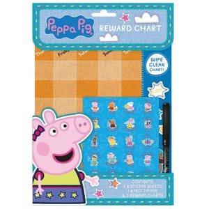 May include: A Peppa Pig reward chart set featuring a wipe-clean grid with an orange and yellow checkered pattern. The set includes a blue sheet of reward stickers with various character illustrations, a black felt tip pen, and a Peppa Pig graphic.