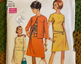 Vintage 1968 Simplicity Sewing Pattern 7552 Misses' Suit & Overblouse (Jacket and Skirt) Size 12 Bust 34 ~ Mary Tyler Moore Style