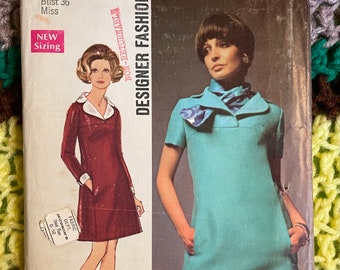 Vintage 1969 Simplicity Sewing Pattern 8446 Misses' Designer Fashion Dress & Scarf Long or Short Sleeves Sz 14 Bust 36 UNCUT Factory Folded
