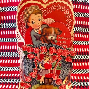 Antique 1941 Pop-Up 3D Valentine Card ~ "I PUP-pose to be Your Valentine" Little Boy with Dog Honeycomb Valentine's Day