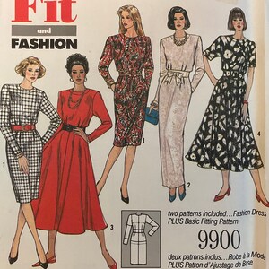 Può includere: Un cartamodello per quattro diversi abiti. Il cartamodello include due modelli: un abito di moda e un modello di base aderente. Il numero del cartamodello è 9900.