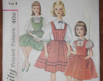 1960 Simplicity Sewing Pattern # 3608 Girls' Puffy Sleeve Blouse & Full Skirted Jumper Pinafore ~ Sz 8