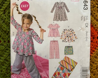 2012 McCall's Sewing Pattern M6643 Children's PJ Tops, Dress, Shorts Pants & Sleeping Bag Size Xsm-Sml (3-4, 5-6)  Pajamas Short or Long