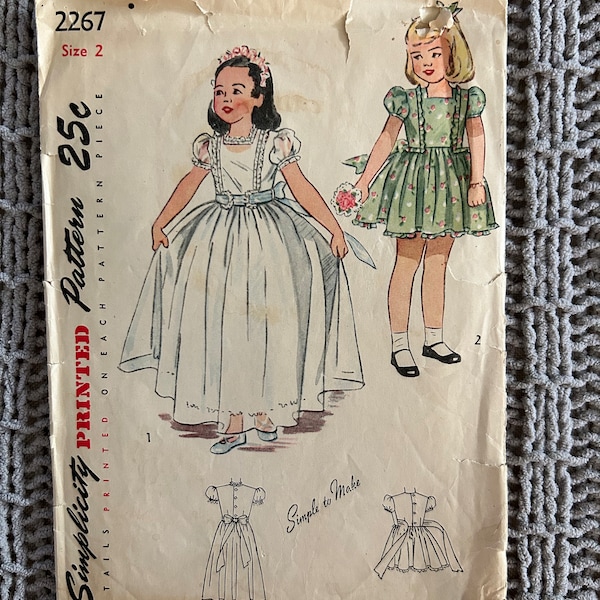 Vintage 1940’s Simplicity Sewing Pattern 2267 Child's Dress in 2 Lengths First Communion Flower Girl Size 2 Breast 21” Easter Spring