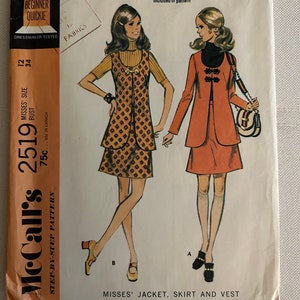 May include: Vintage McCall's sewing pattern for a misses' jacket, skirt, and vest. The pattern is for sizes 12 and 34, and includes a two-color guide. The pattern is called "Beginner Quickie" and is dressmaker tested.