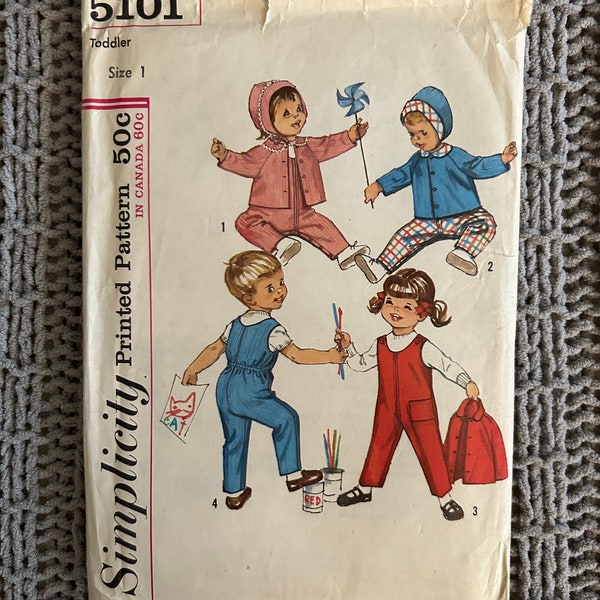 Vintage 1965 Simplicity Sewing Pattern 5101 Toddlers’ Overall, Jacket & Hat Snowsuit Size 1 Breast 20" Waist 19.5" Outerwear