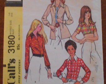 Vintage 1972 McCall's Sewing Pattern 3180 MISSES' SHIRTS Big Collars Button Down Sz 16 Bust 38