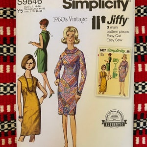 May include: A vintage Simplicity sewing pattern from the 1960s, featuring illustrations of three dresses. The pattern includes the text "Jiffy" and "Easy Sew." The size range is U.S. 18-26.