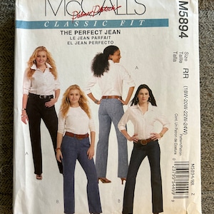 May include: McCall's pattern for a classic fit jean, with the text "The Perfect Jean" and "Le Jean Parfait" and "El Jean Perfecto". The pattern is for sizes 18W-20W-22W-24W.