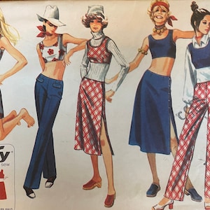 May include: A vintage sewing pattern featuring four women's clothing designs. The designs include a pair of pants, a skirt, a top, and a pair of shorts. The pattern is printed on a white background with a red and white checkered pattern.
