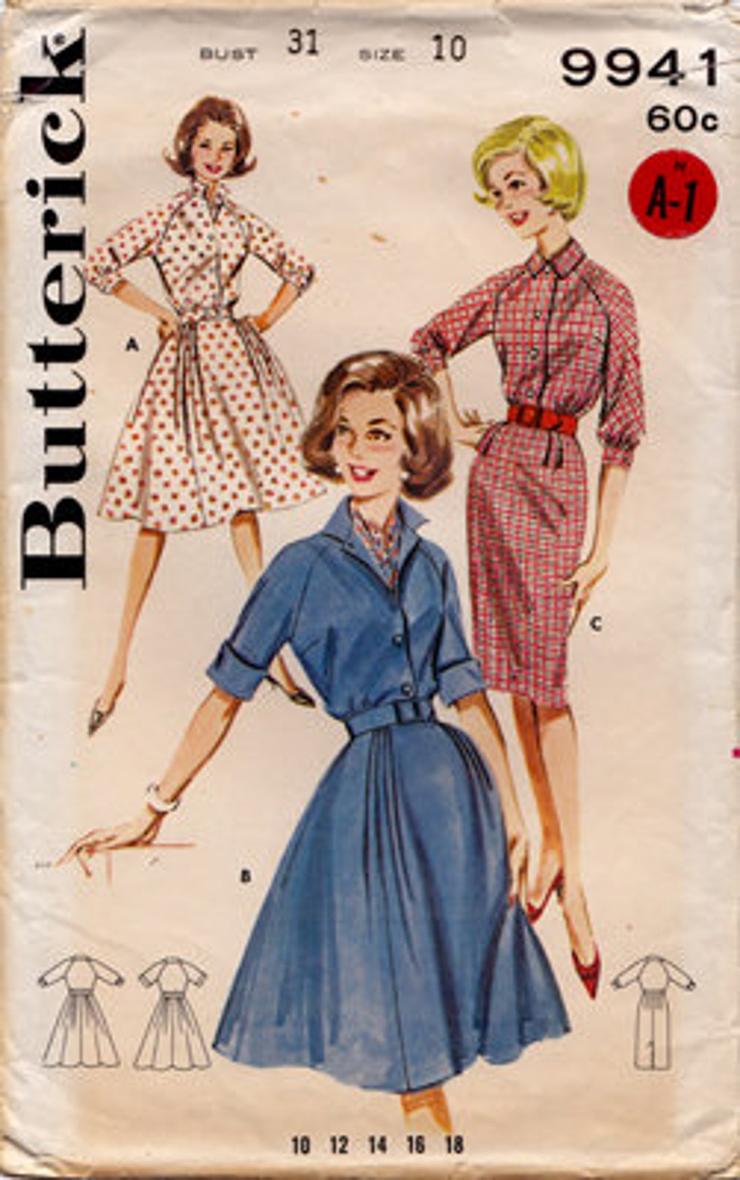 Pattern 9941 Vintage 1960 Butterick Sewing Pattern 9941 Misses' Raglan Sleeve Shirt ...