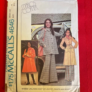 May include: A vintage sewing pattern for a women's unlined coat or jacket, trousers, and scarf. The pattern is from McCall's and is number 4646. The pattern is for misses' sizes 8-31 1/2. The pattern is from the "Mario's Corner" collection. The pattern shows three different looks for the garment. The first look is a red coat with a matching scarf. The second look is a black and white checked coat with matching trousers. The third look is a beige coat with matching trousers.